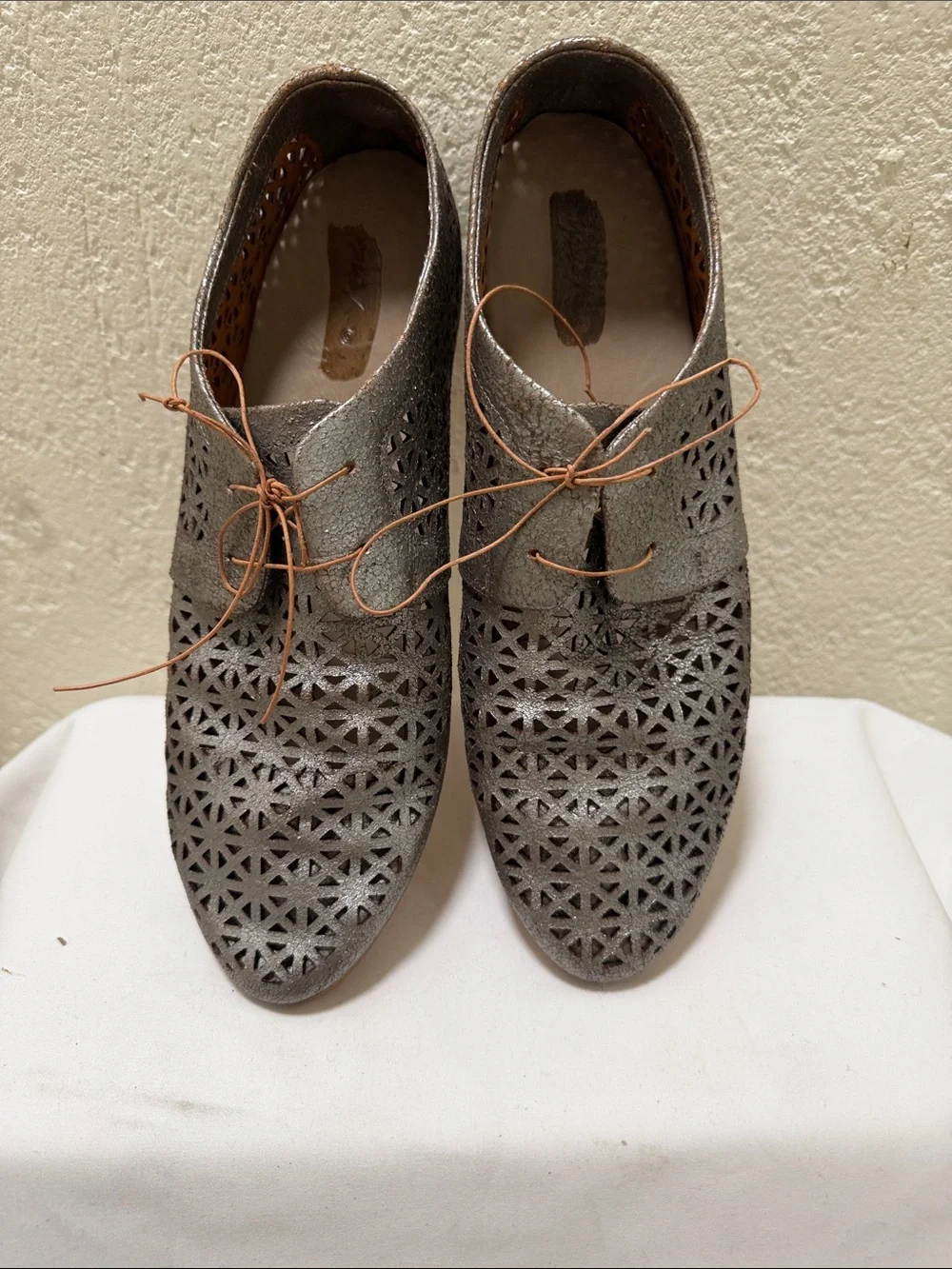 Marselle Metallic Silver Laser-Cut Lace-Up Flats